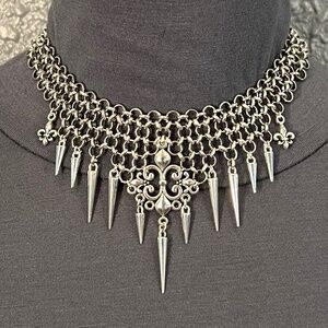 Fleur de Lis Gothic Renaissance Handmade Chainmail Choker Bib Necklace Spikes